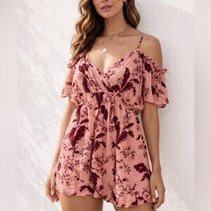 Topshop Pink Burgundy Floral Off Shoulder Boho Romper NWT Medium